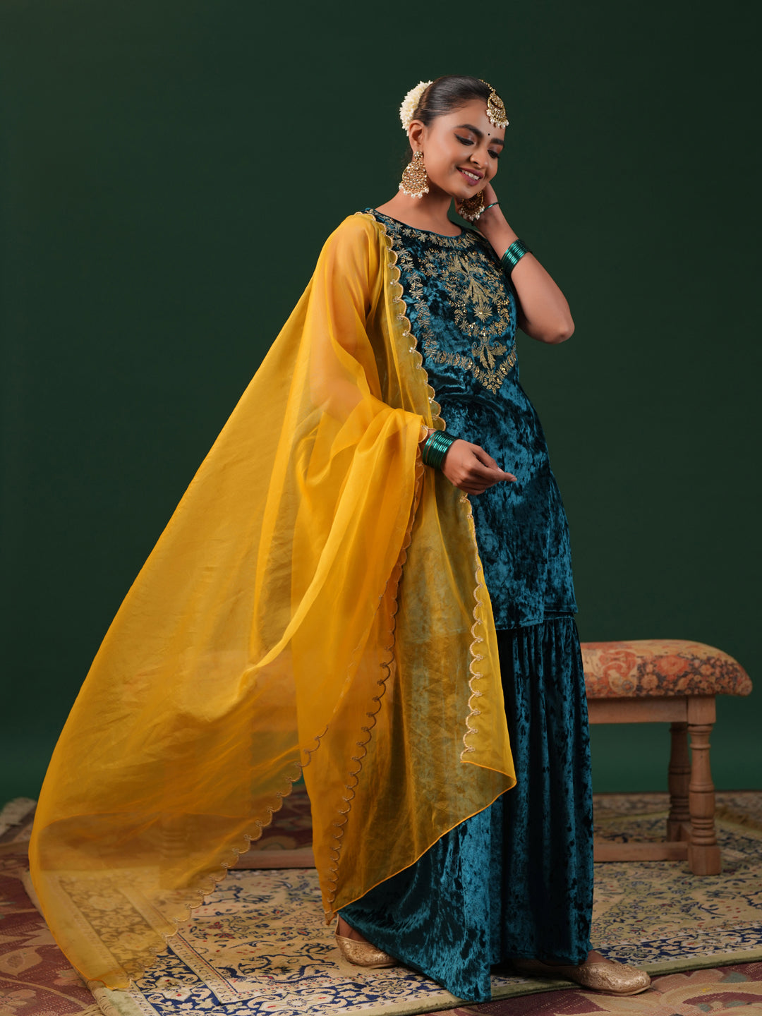 Women's Teal Embroiderd Velvet Kurta Set with Dupatta