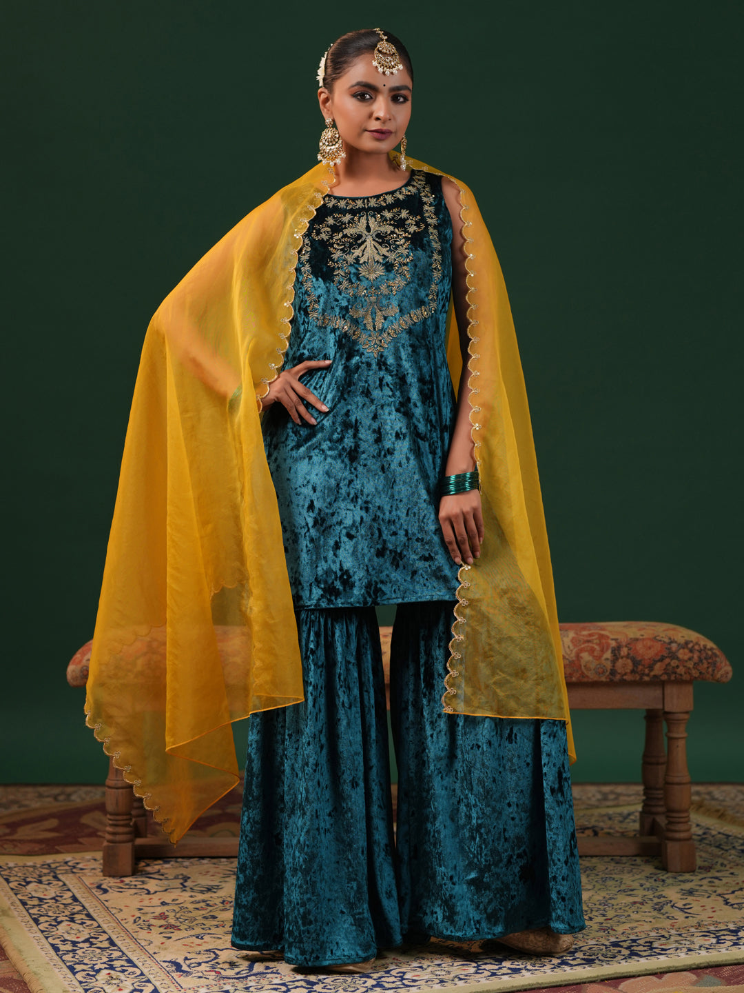 Women's Teal Embroiderd Velvet Kurta Set with Dupatta