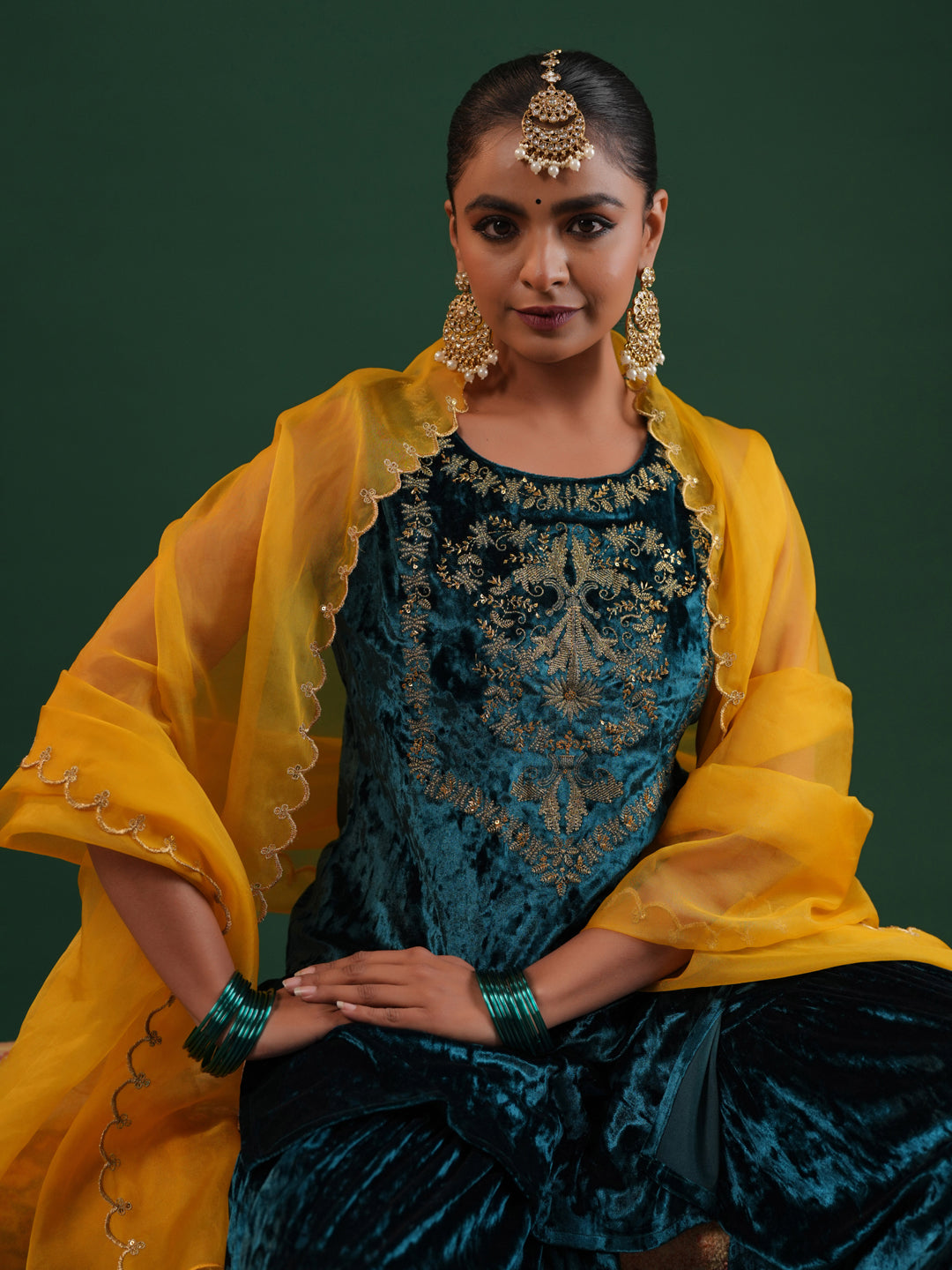Women's Teal Embroiderd Velvet Kurta Set with Dupatta