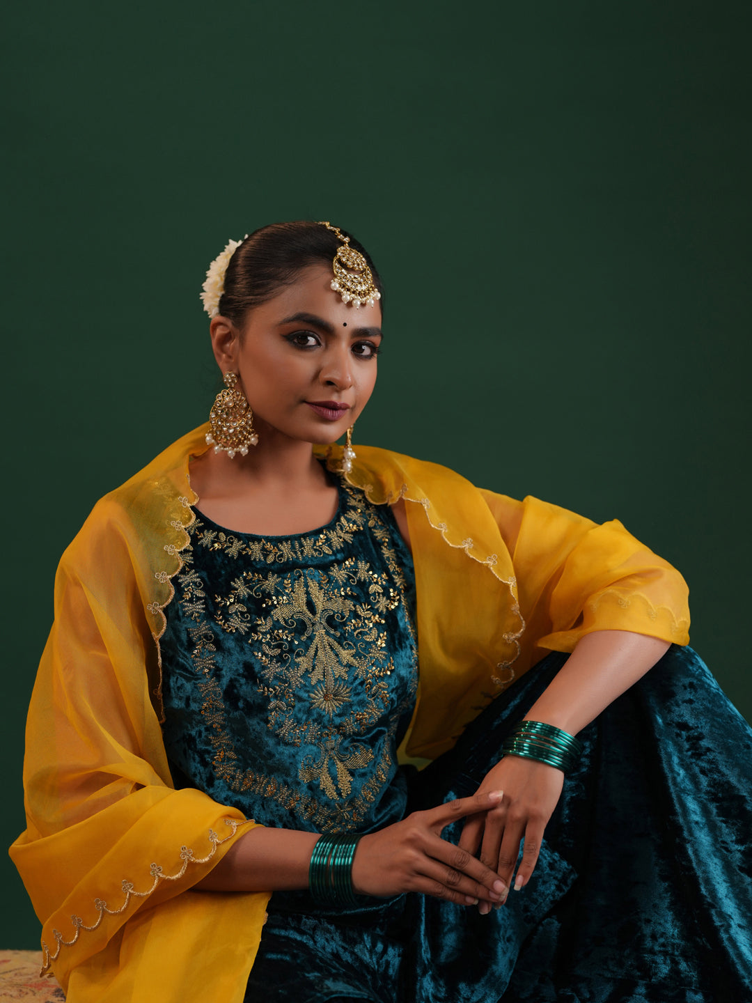 Women's Teal Embroiderd Velvet Kurta Set with Dupatta