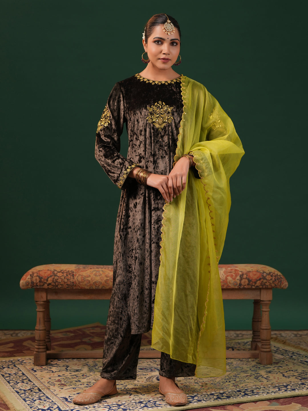 Women's Grey Embroiderd Velvet Kurta Set with Dupatta