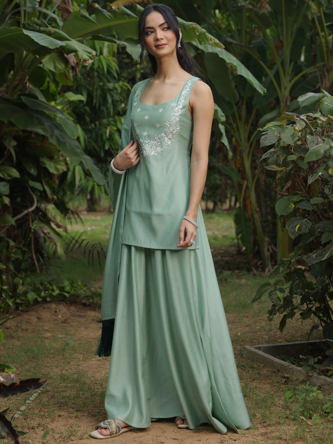 Women's Embroidered Short Kurti With Skirt and Dupatta