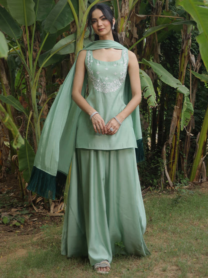 Women's Embroidered Short Kurti With Skirt and Dupatta