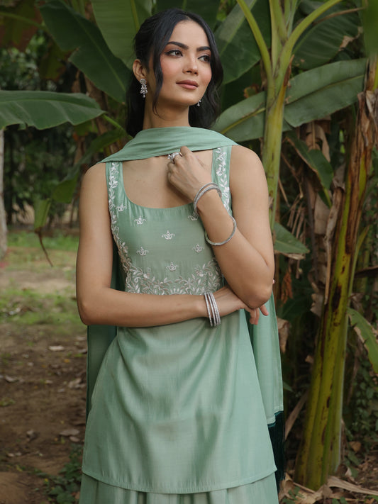 Women's Embroidered Short Kurti With Skirt and Dupatta