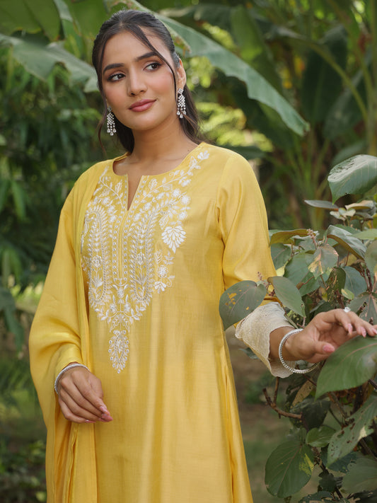 Women's Butter Yellow Embroidered  A-line Kurta Set with Dupatta
