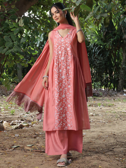 Women's Pink Embroidered Sleeveless Kurta Set with Dupatta