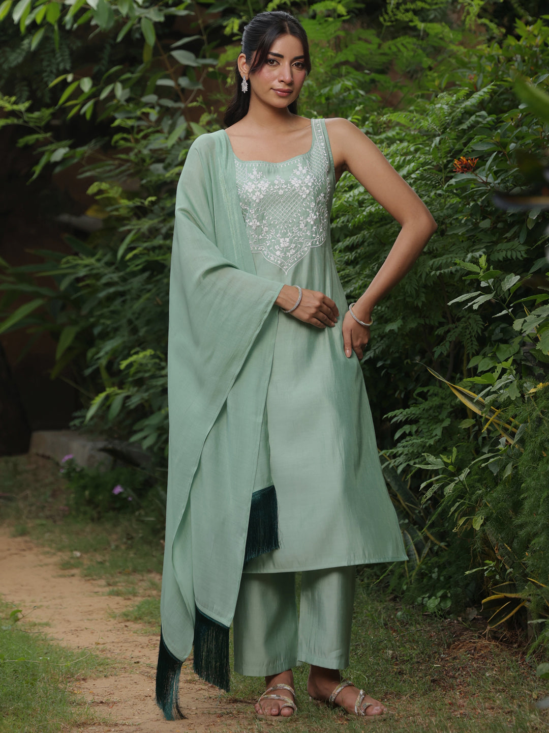 Women's Embroidered Long Kurta Set with Dupatta