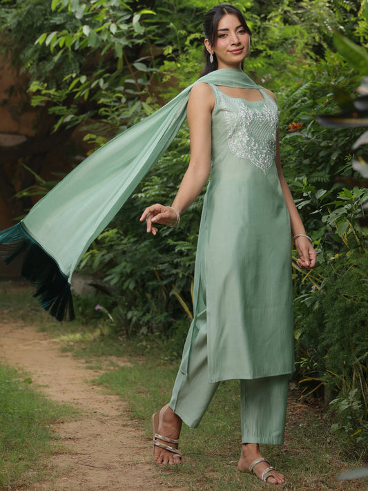 Women's Embroidered Long Kurta Set with Dupatta