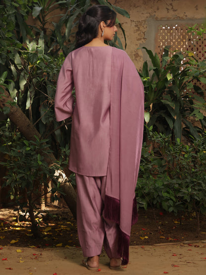 Women's Lilac Embroidered Kurta Set with Dupatta