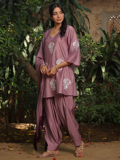 Women's Lilac Embroidered Kurta Set with Dupatta