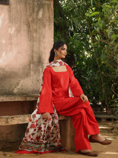 Women's Red Farshi Set with Kota Doriya Dupatta