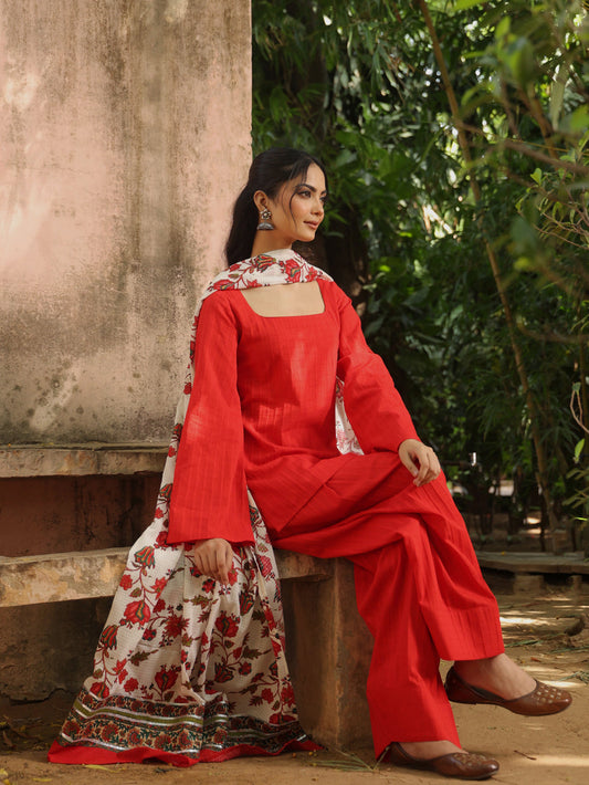Women's Red Farshi Set with Kota Doriya Dupatta
