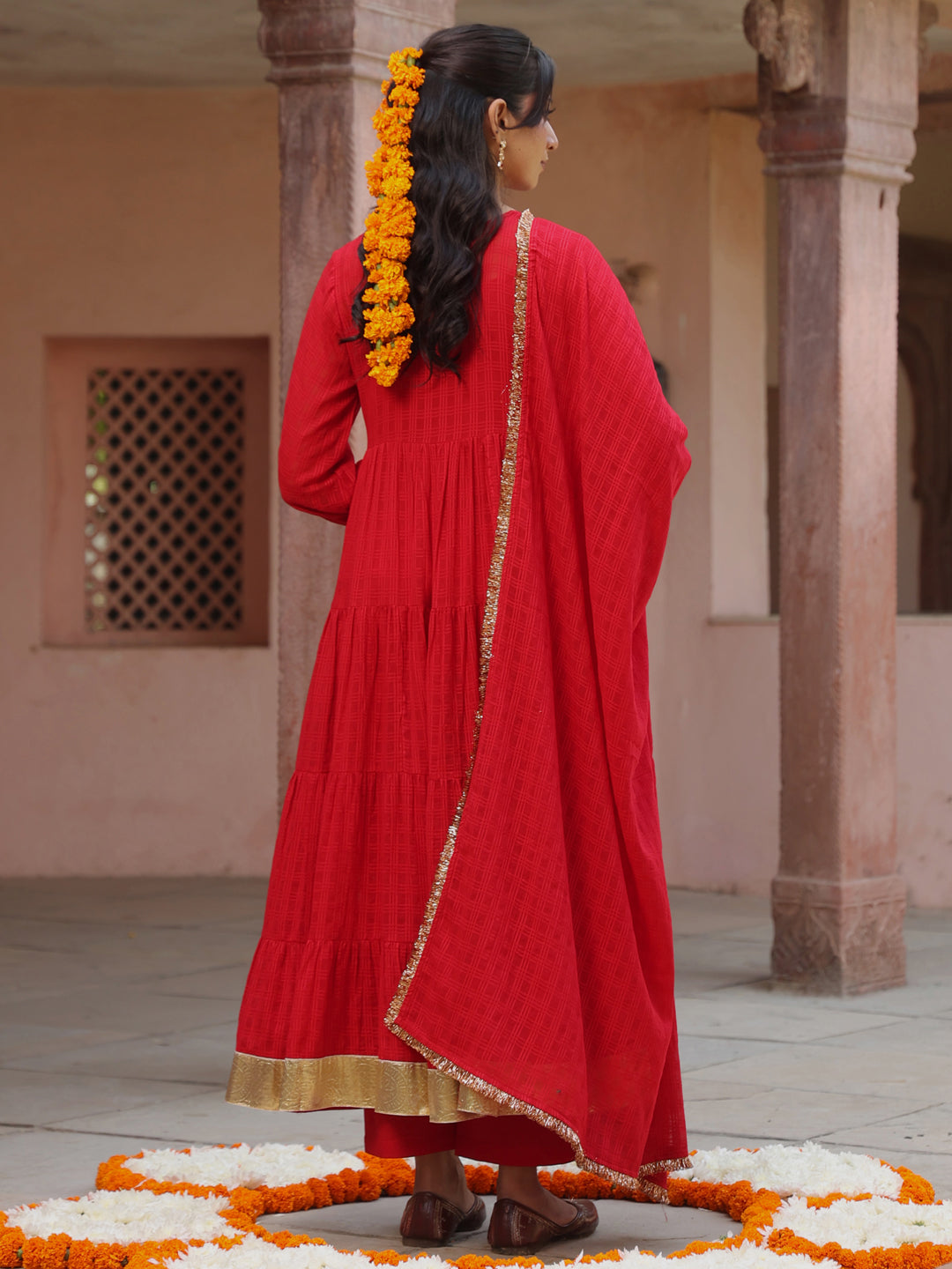 Women's Red Woven Cotton Tiered Kurta Set With Dupatta