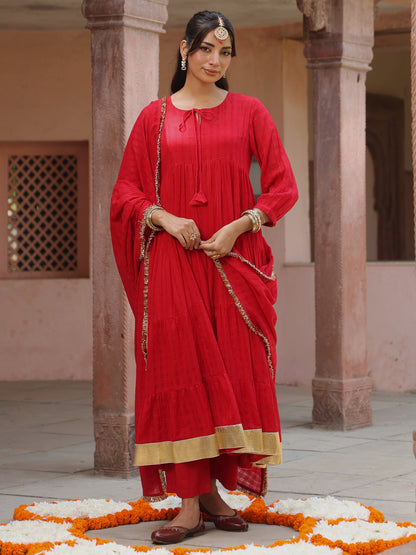 Women's Red Woven Cotton Tiered Kurta Set With Dupatta