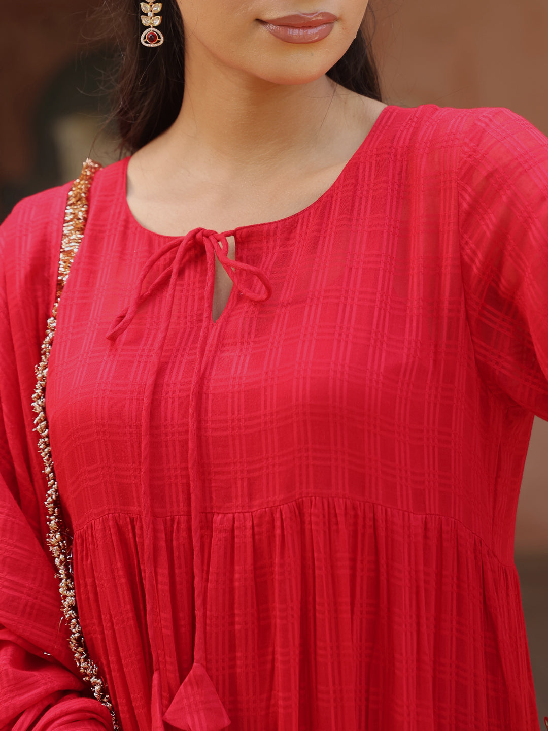 Women's Red Woven Cotton Tiered Kurta Set With Dupatta