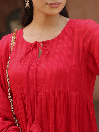 Women's Red Woven Cotton Tiered Kurta Set With Dupatta
