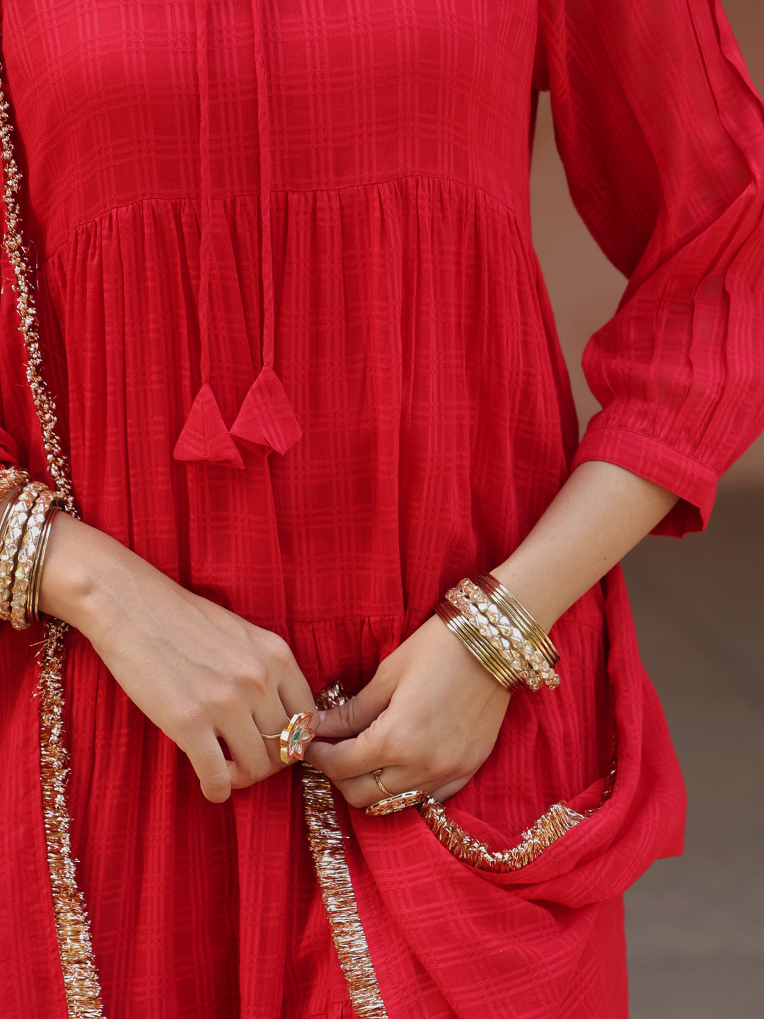 Women's Red Woven Cotton Tiered Kurta Set With Dupatta