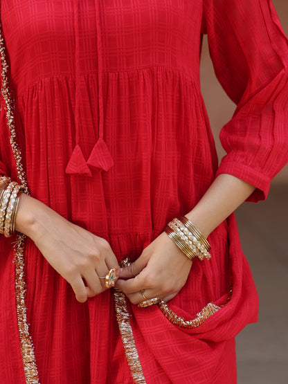 Women's Red Woven Cotton Tiered Kurta Set With Dupatta