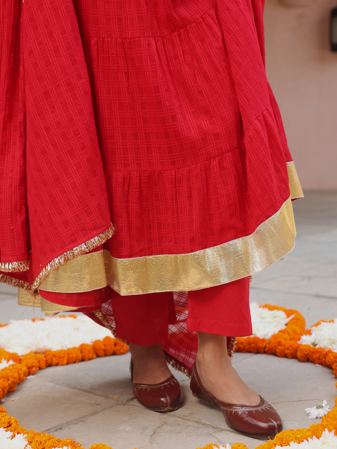 Women's Red Woven Cotton Tiered Kurta Set With Dupatta