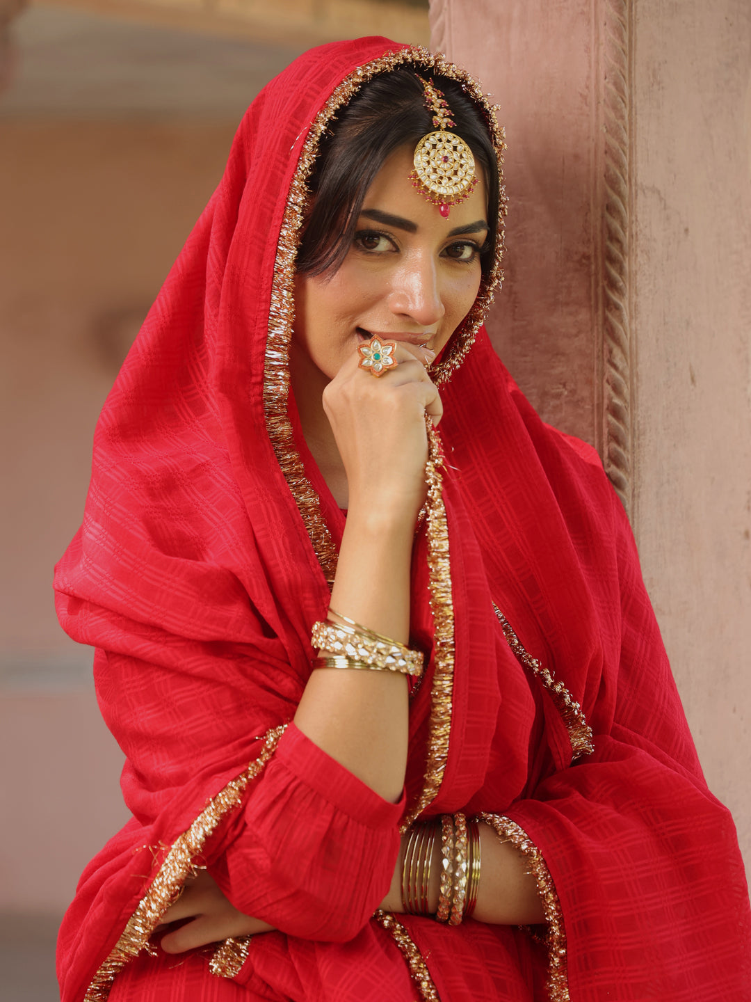 Women's Red Woven Cotton Tiered Kurta Set With Dupatta