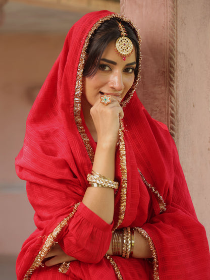 Women's Red Woven Cotton Tiered Kurta Set With Dupatta