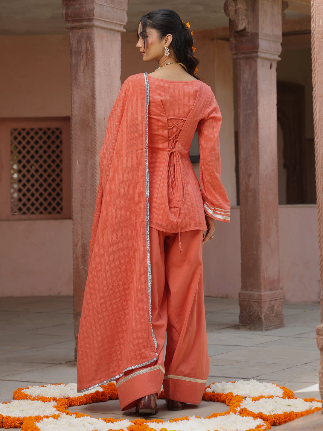 Women's Peach Woven Cotton Farshi Set With Dupatta