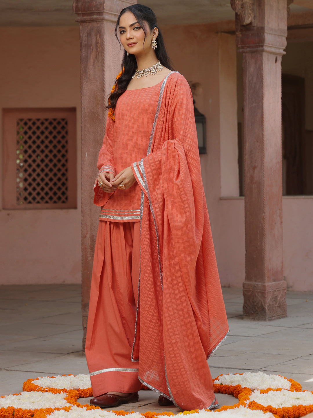 Women's Peach Woven Cotton Farshi Set With Dupatta