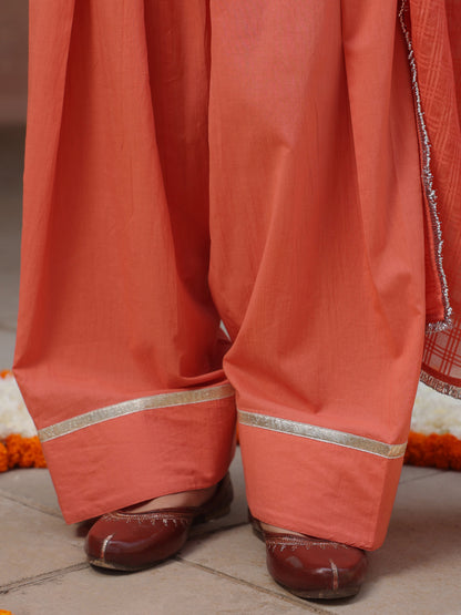 Women's Peach Woven Cotton Farshi Set With Dupatta