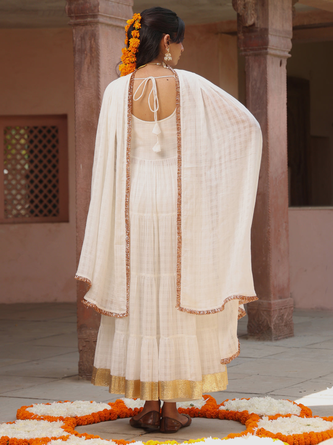 Women' White Woven Cotton Anarkali Set with Dupatta