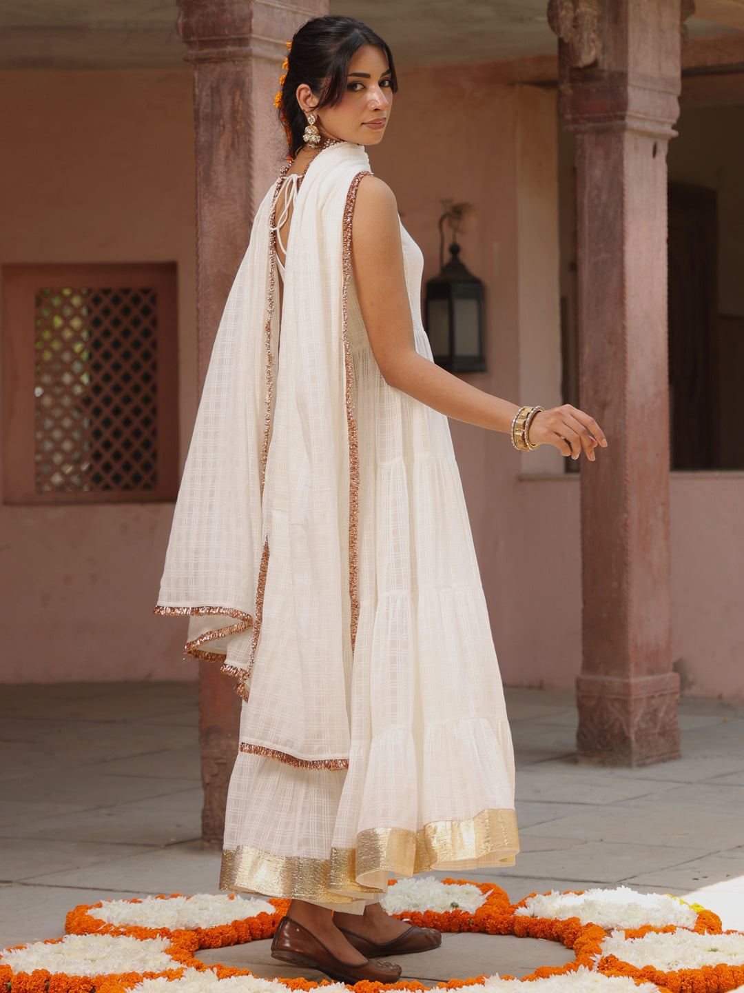Women' White Woven Cotton Anarkali Set with Dupatta