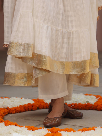 Women' White Woven Cotton Anarkali Set with Dupatta