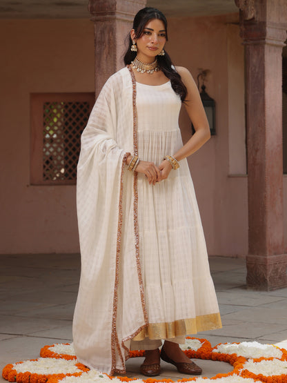 Women' White Woven Cotton Anarkali Set with Dupatta