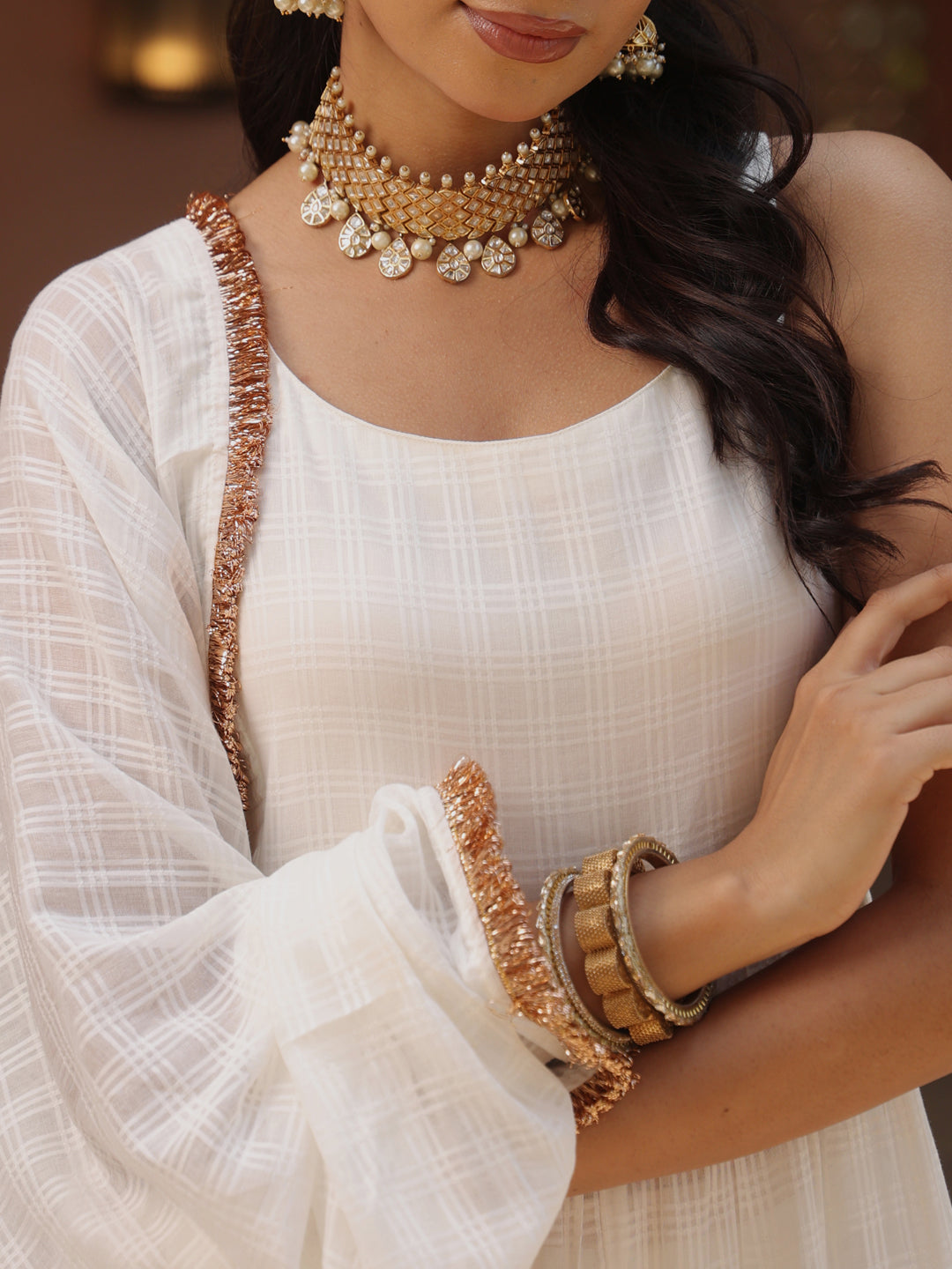 Women' White Woven Cotton Anarkali Set with Dupatta