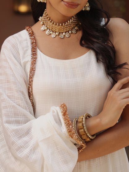 Women' White Woven Cotton Anarkali Set with Dupatta
