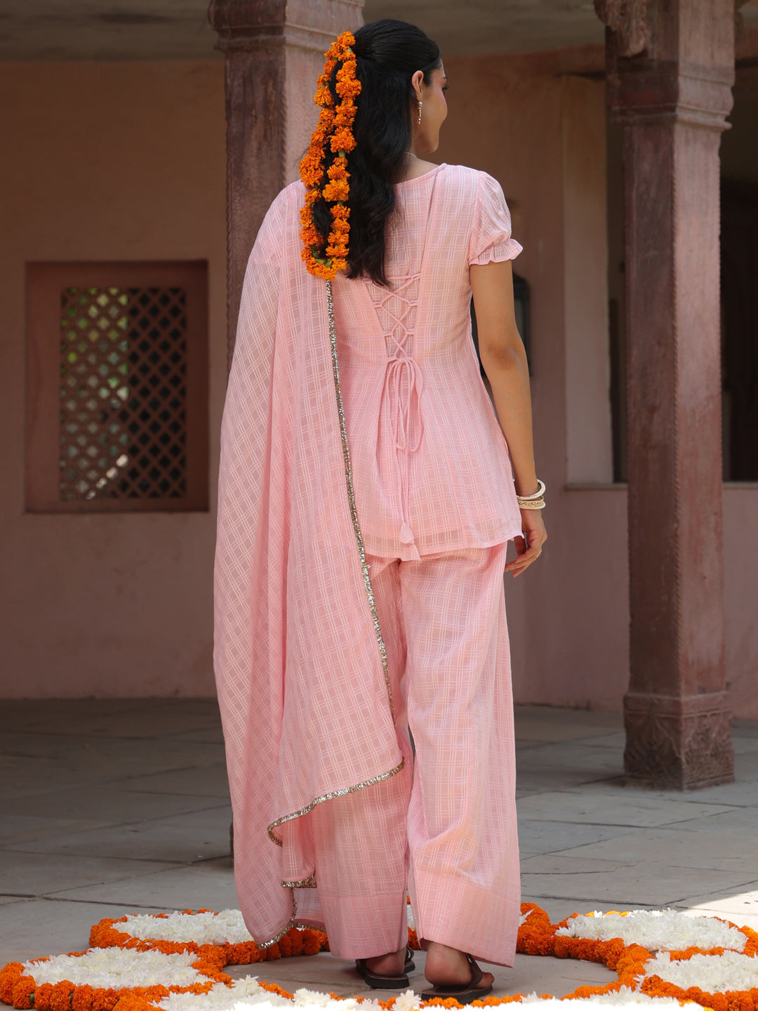 Women's Pink Woven Cotton Farshi Set with Dupatta