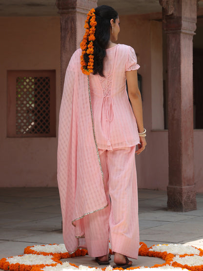 Women's Pink Woven Cotton Farshi Set with Dupatta