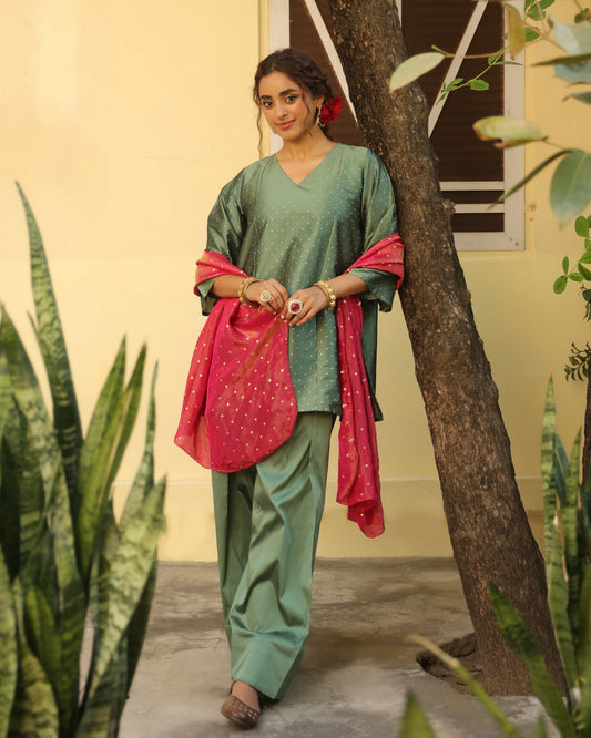 Women's Sage Green Zari Farshi Set with Dupatta