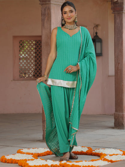Women's Teal Woven Cotton Kurta with Salwar and Dupatta