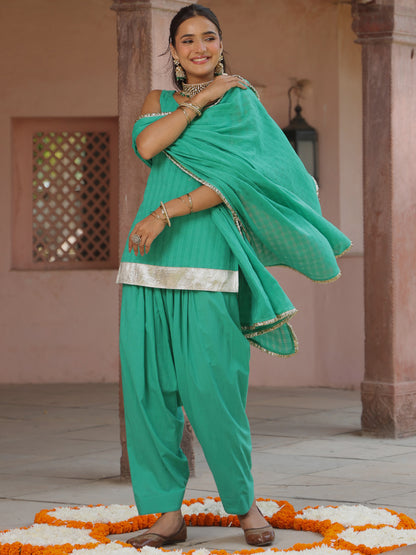 Women's Teal Woven Cotton Kurta with Salwar and Dupatta