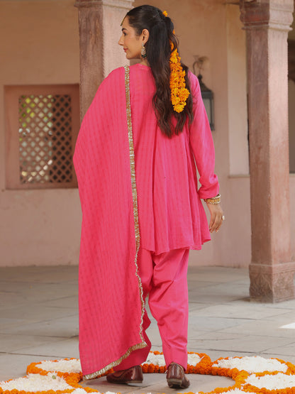 Women's Pink Woven Cotton Farshi Set with Dupatta