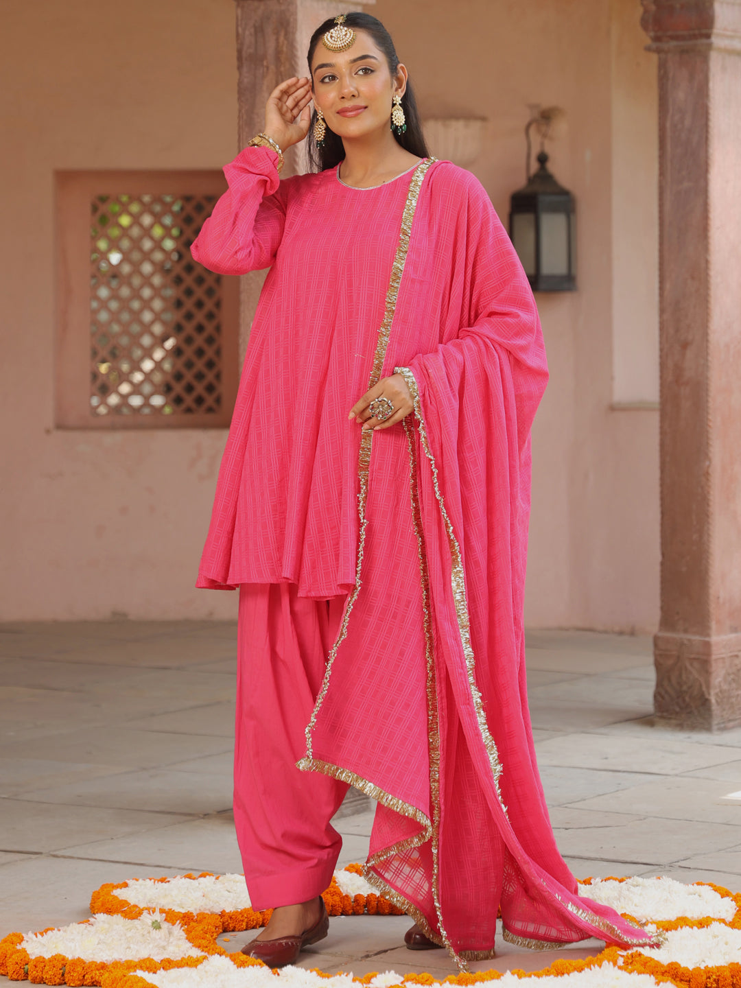 Women's Pink Woven Cotton Farshi Set with Dupatta