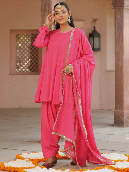 Women's Pink Woven Cotton Farshi Set with Dupatta