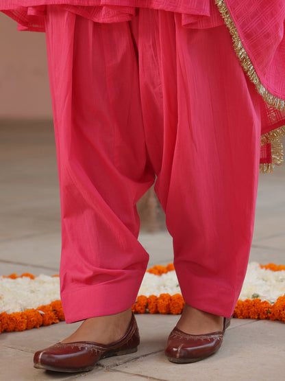 Women's Pink Woven Cotton Farshi Set with Dupatta