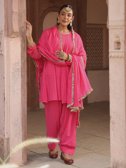Women's Pink Woven Cotton Farshi Set with Dupatta