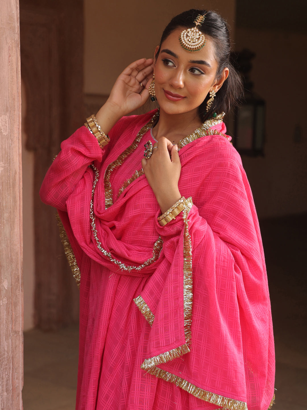 Women's Pink Woven Cotton Farshi Set with Dupatta