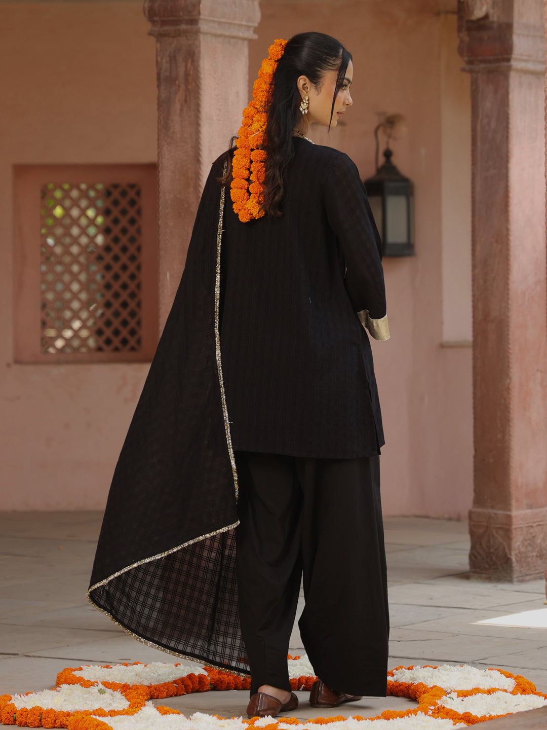 Women's Black Woven Cotton Farshi Set with Dupatta