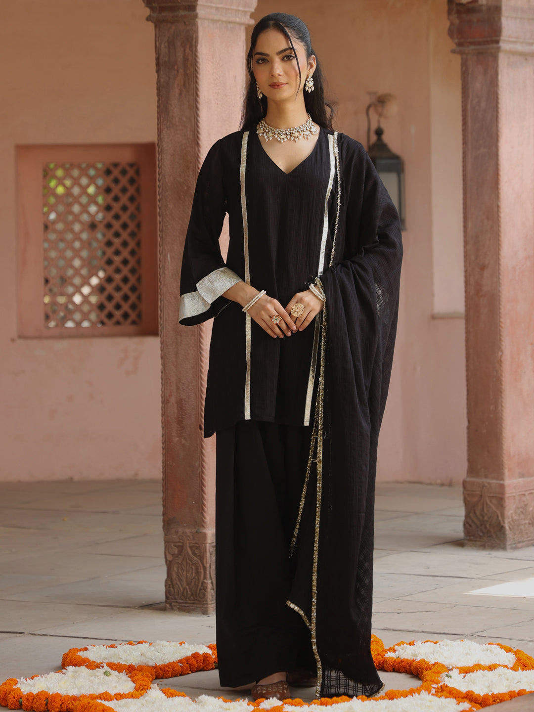 Women's Black Woven Cotton Farshi Set with Dupatta