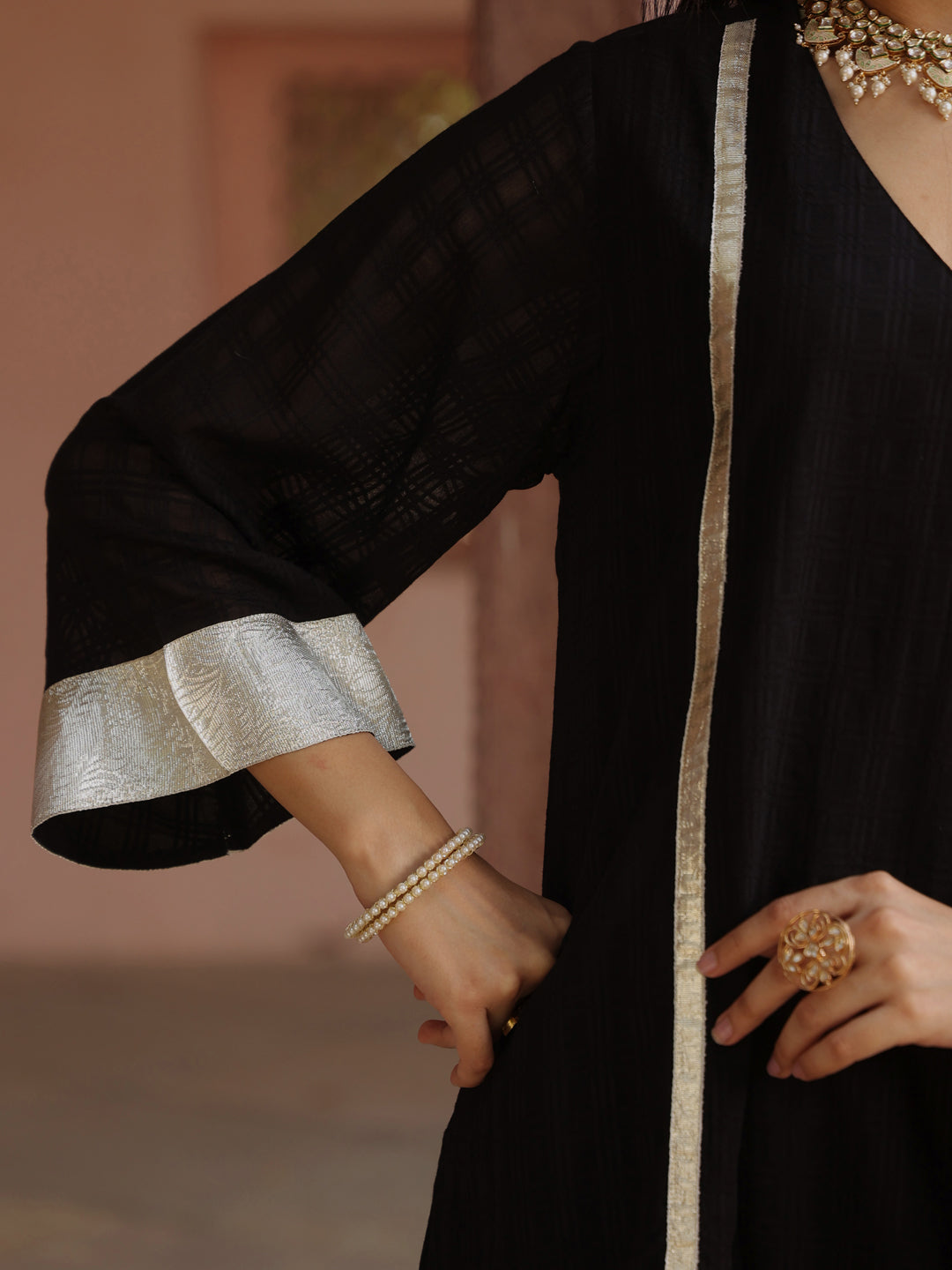 Women's Black Woven Cotton Farshi Set with Dupatta