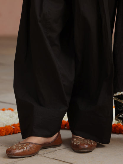 Women's Black Woven Cotton Farshi Set with Dupatta