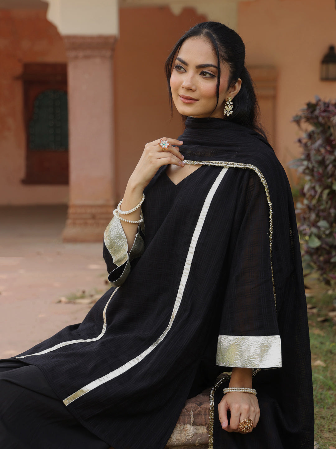 Women's Black Woven Cotton Farshi Set with Dupatta
